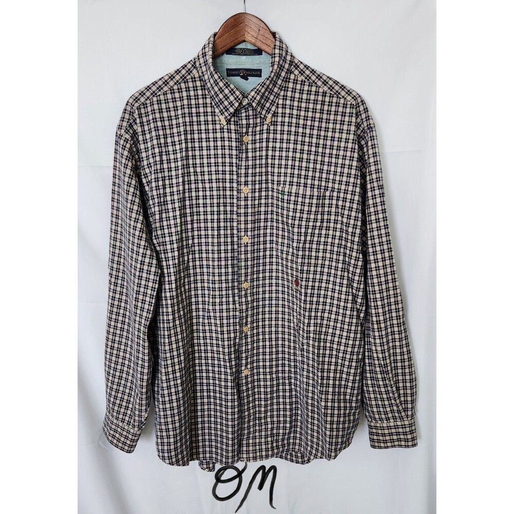Men's 90s Tommy Hilfiger Navy Checker Long Sleeve Button Down - L